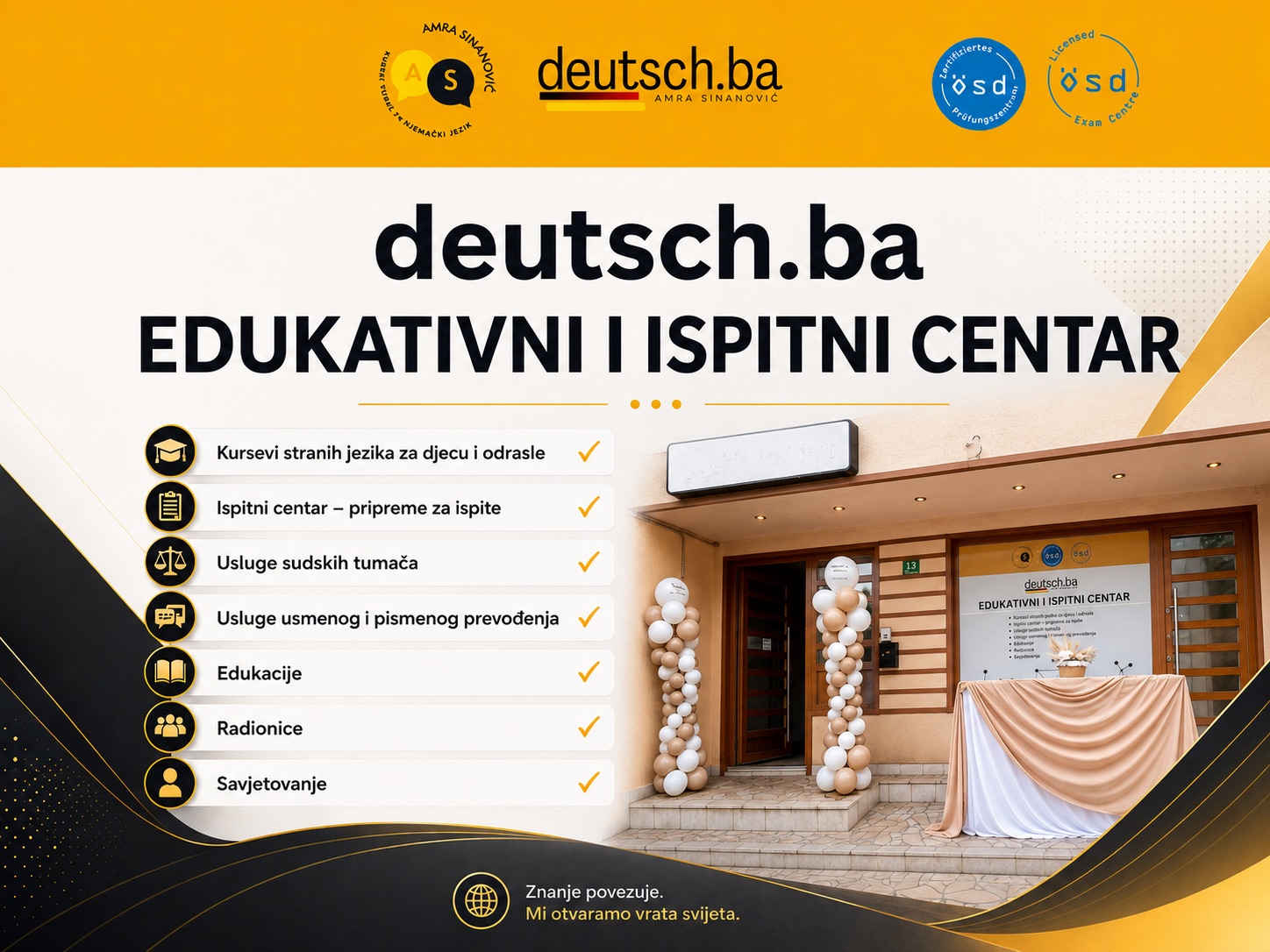 Baner centra: deutsch.ba Edukativni i ispitni centar — spisak usluga i ÖSD logotipi